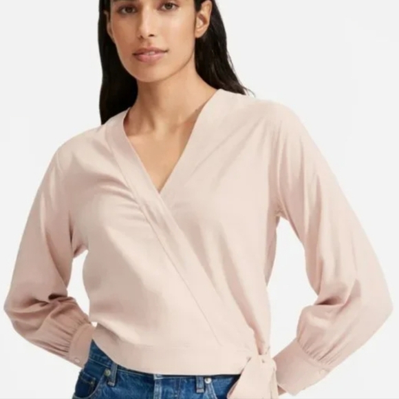 Everlane 100% Silk Pink Wrap Long Sleeve Top Washable Size 4 - Picture 3 of 14